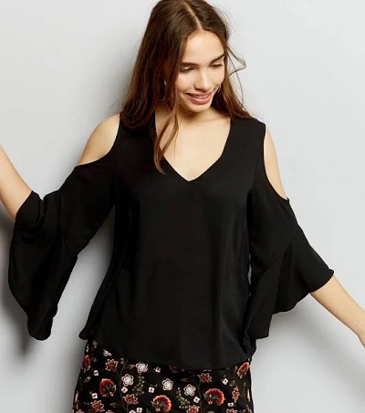 Black Long V Neckline Cold Shoulder Top Design