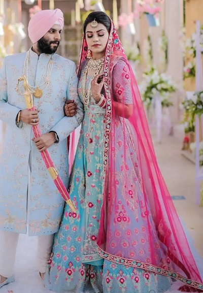 Blue and Pink Punjabi Bridal Lehenga Style Dress