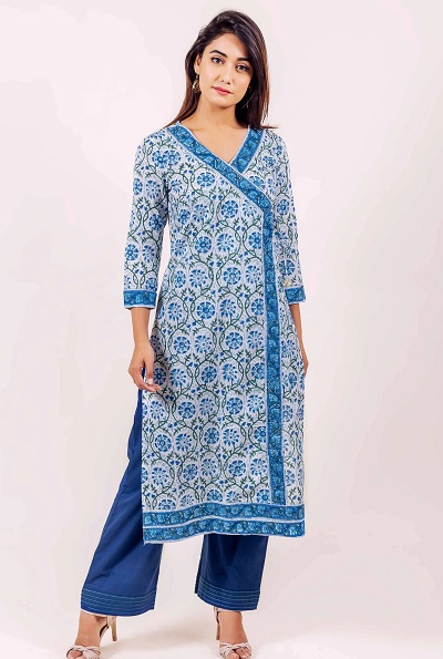 Blue And White Printed Angrakha Straight Kurta Design