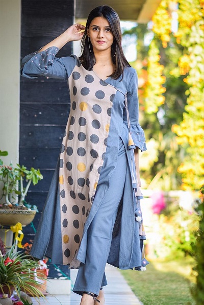 Blue And White Printed Stylish Angrakha Kurta Pant Set