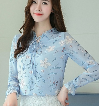Blue floral printed chiffon full sleeves top