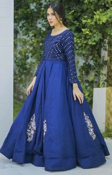Blue mirror work long frock with embroidery work