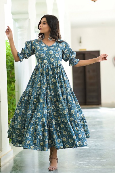Blue Printed Tiered Long Frock For Women