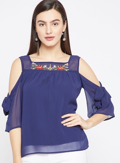 Chiffon Cold Shoulder Embroidered Top