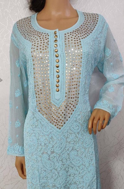 Chikan and Gota work blue Georgette kurta for parties