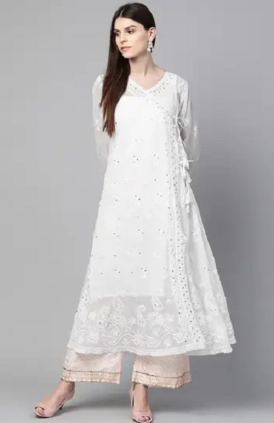 Chikankari Work White Angrakha Kurta Palazzo Set