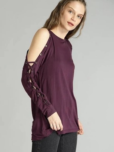 Cold Shoulder Long Full Sleeves T Shirt Style Top