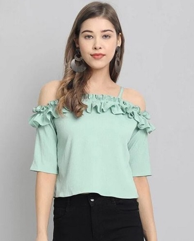 Cold Shoulder Ruffle Top in Pista Green Color