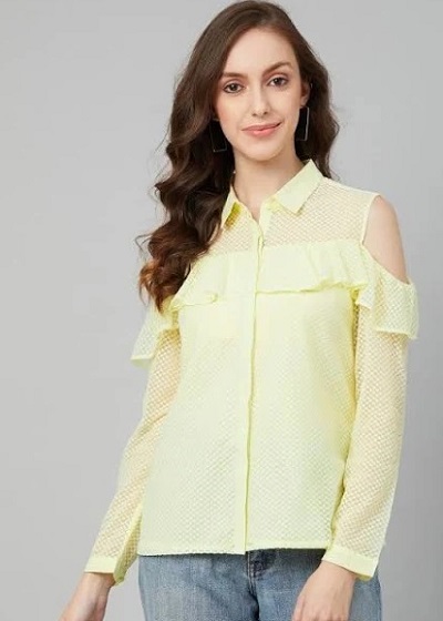 Cold Shoulder Shirt Top With Ruffled Detailing