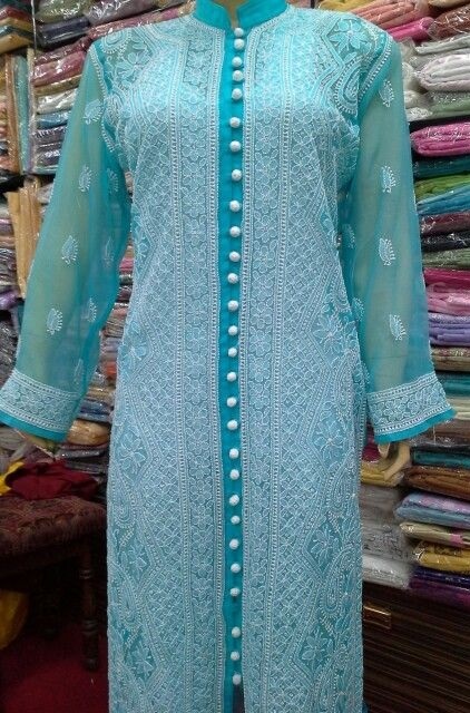 Designer Colored Long Blue Georgette Chikan Work Kurta Style