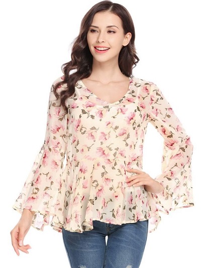 Flared flute sleeves floral chiffon printed top