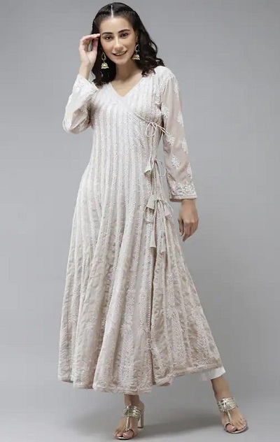 Floor-Length Angrakha Chikankari Work Kurta Design