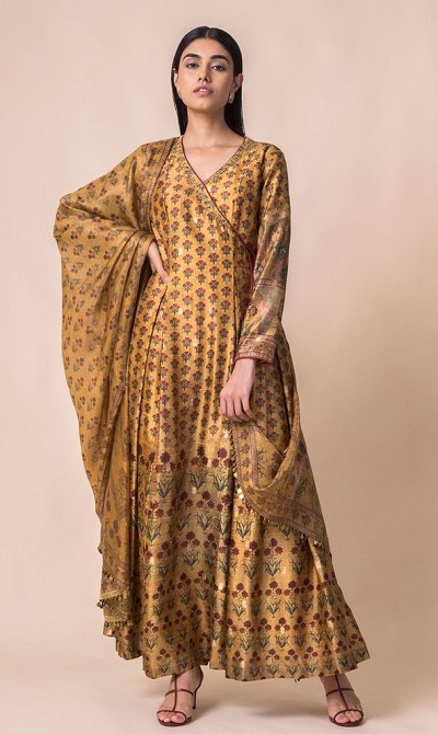 Floor Length Gold Printed Angrakha Kurta