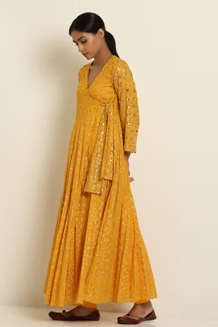 Floor Length Party Wear Yellow Angrakha Kurta For Women