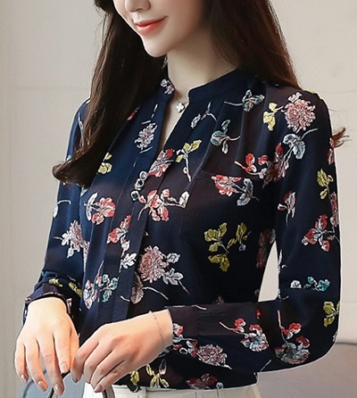 Floral printed full sleeves chiffon stand collar top