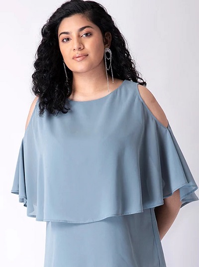 Front Layered Blue Cold Shoulder Stylish Top