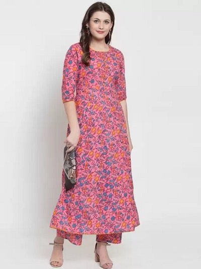 Full Length Round Neckline Pink Floral Kurti For Summers