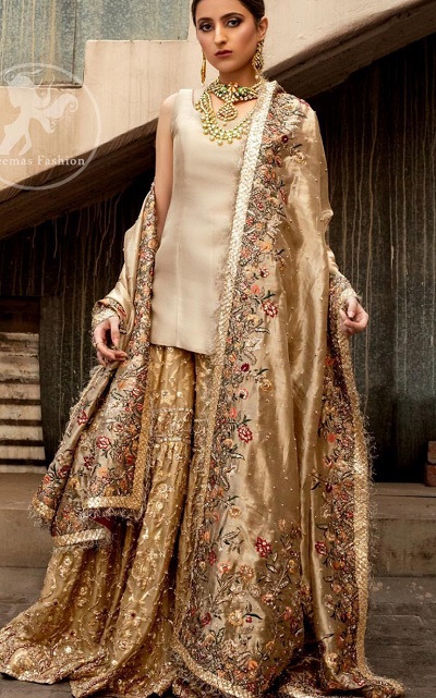 Golden Plain Kurti Heavy Sharara Punjabi Bridal Dress