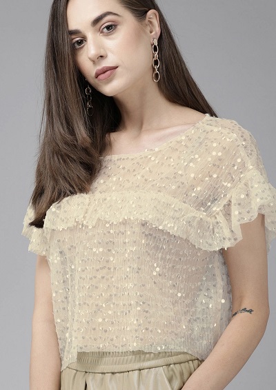 Golden sequin studded chiffon party wear boat neck top