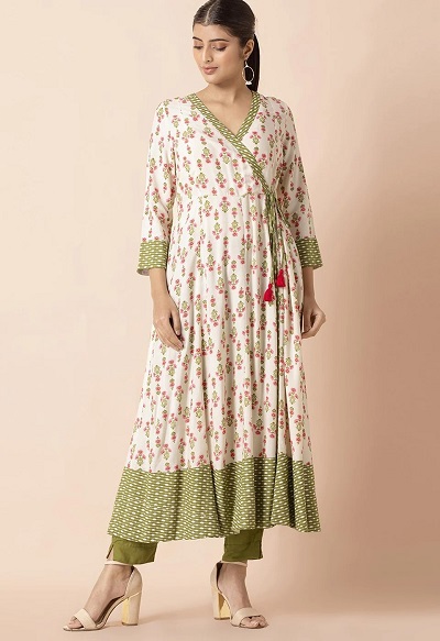 Green And White Printed Angrakha Kurta Design