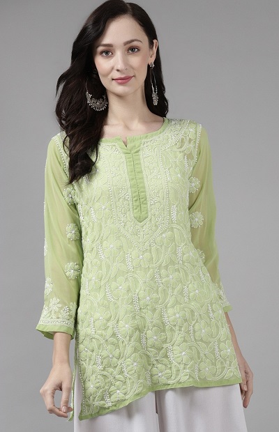 Green Short Tunic With Chikan Embroidery