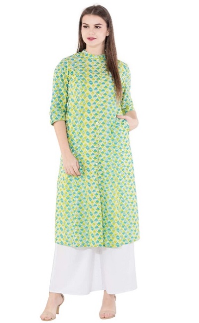 Green printed collared A-line kurta with pocket