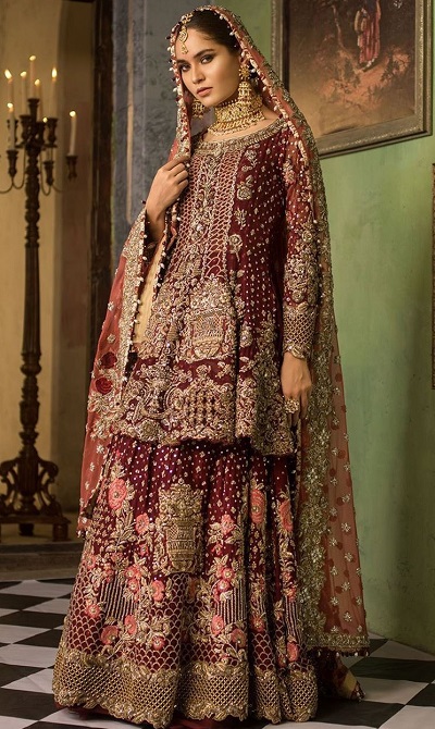 Maroon and Gold Sequin Studied Punjabi Bridal Dress Design