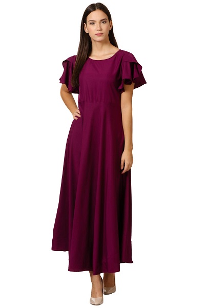 Maroon Ruffled Sleeves A Line Long Frock Dress