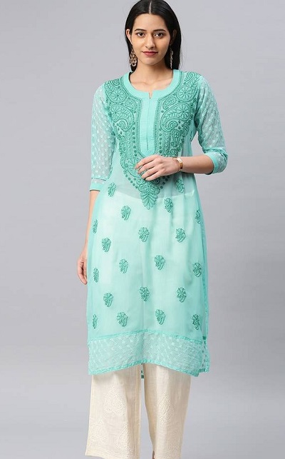 Mint Green Short Georgette Kurta With Chikan Embroidery