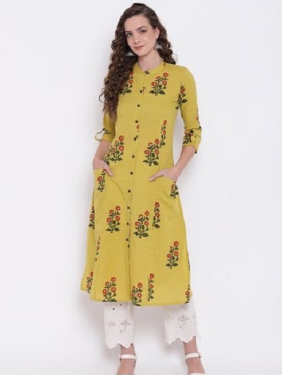 Mustard Yellow Floral Kurti With Pockets