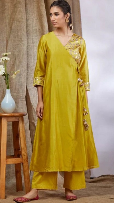 Mustard Yellow Silk Angrakha Kurta Palazzo Set