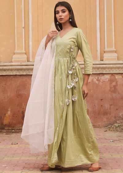 Olive Green Angrakha Kurta With Gota Work