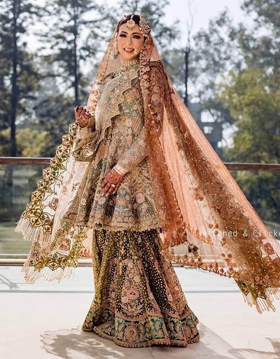 Peach Green and Brown Dress For Punjabi Brides