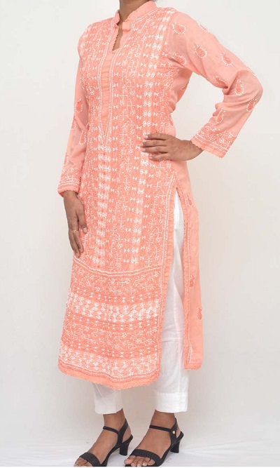 Peach Long Collared Kurta With Chikan Embroidery