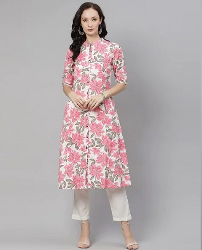 Pink And White Summer A-Line Floral Kurti Pattern