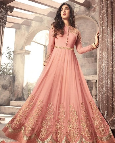 Pink Georgette embroidered long frock for parties