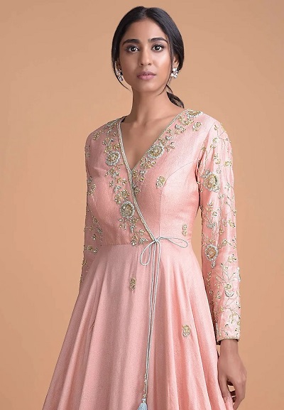 Pink Silk Embroidered Angrakha Kurta