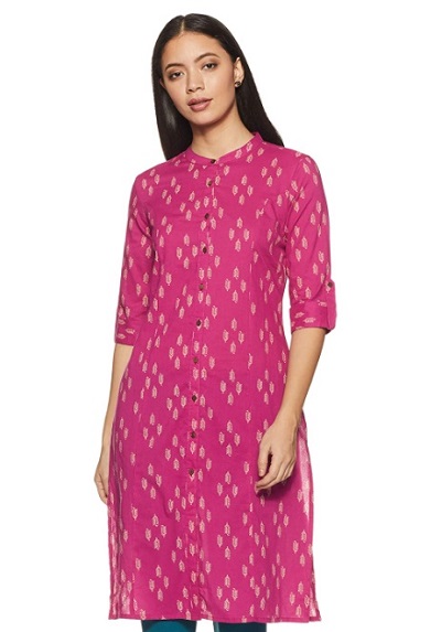 Pink stand collar cotton kurti design