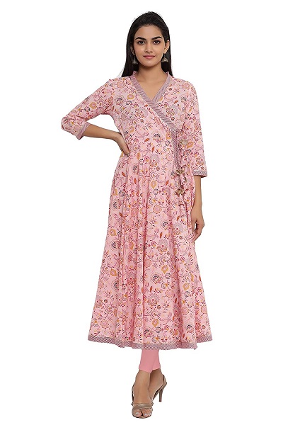 Printed Pink Angrakha Kurta For Summers