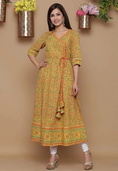 Printed Yellow Angrakha Kurta With Strings