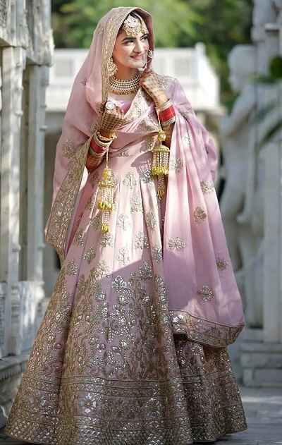 Punjabi Bridal Pastel Pink Gota Patti Work Lehenga Gown