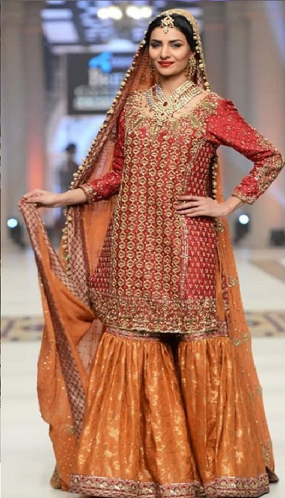 Red and Orange Heavily Embroidered Punjabi Wedding Dress