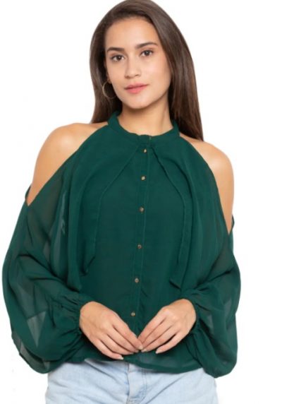Shirt Style Cold Shoulder Top With Layer
