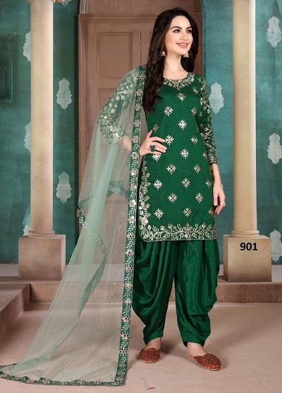 Silk Patiala Salwar Suit With Net Dupatta