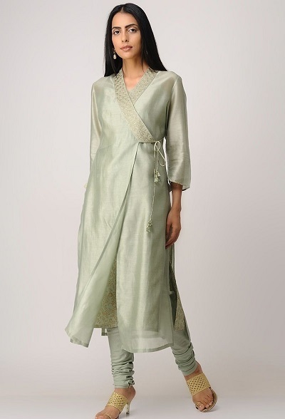 Silk Straight Fit Angrakha Kurta Churidar Set