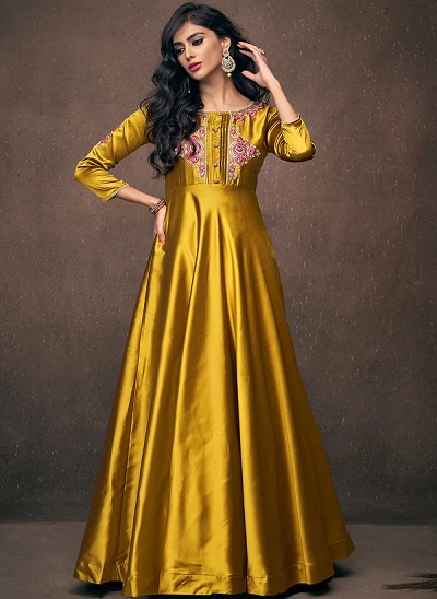 Silk Mustard Yellow Long Frock Gown For Parties