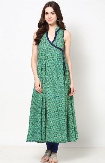 Simple Green Printed Sleeveless Angrakha Kurta Style