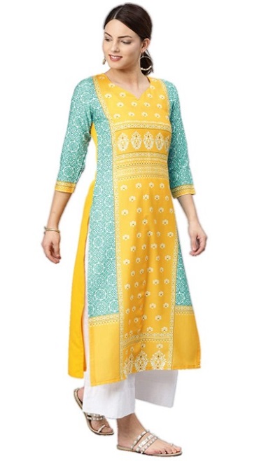 Simple Yellow and Blue floral printed straight kurta