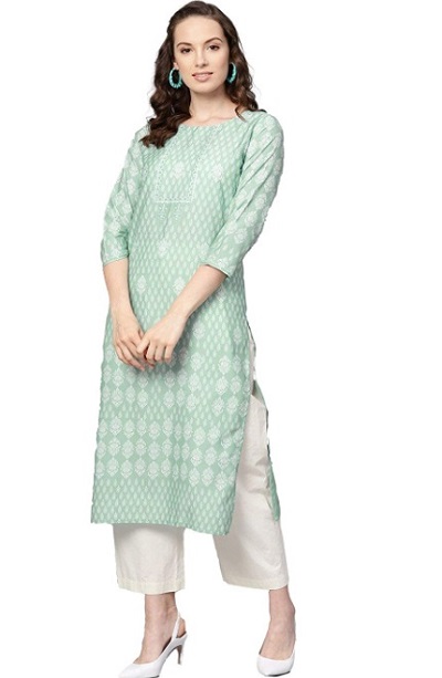 Simple mint green and white straight fit kurti design