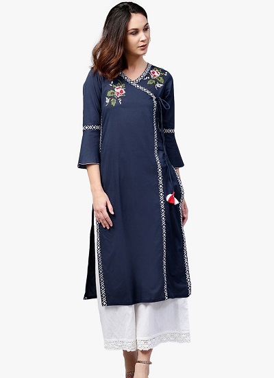 Straight Fit Blue Angrakha Kurta Design